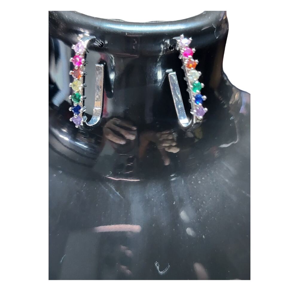 Rainbow CZ Silver Tone Huggie Hoop Earrings Multi Color Costume Fashion Jewelry